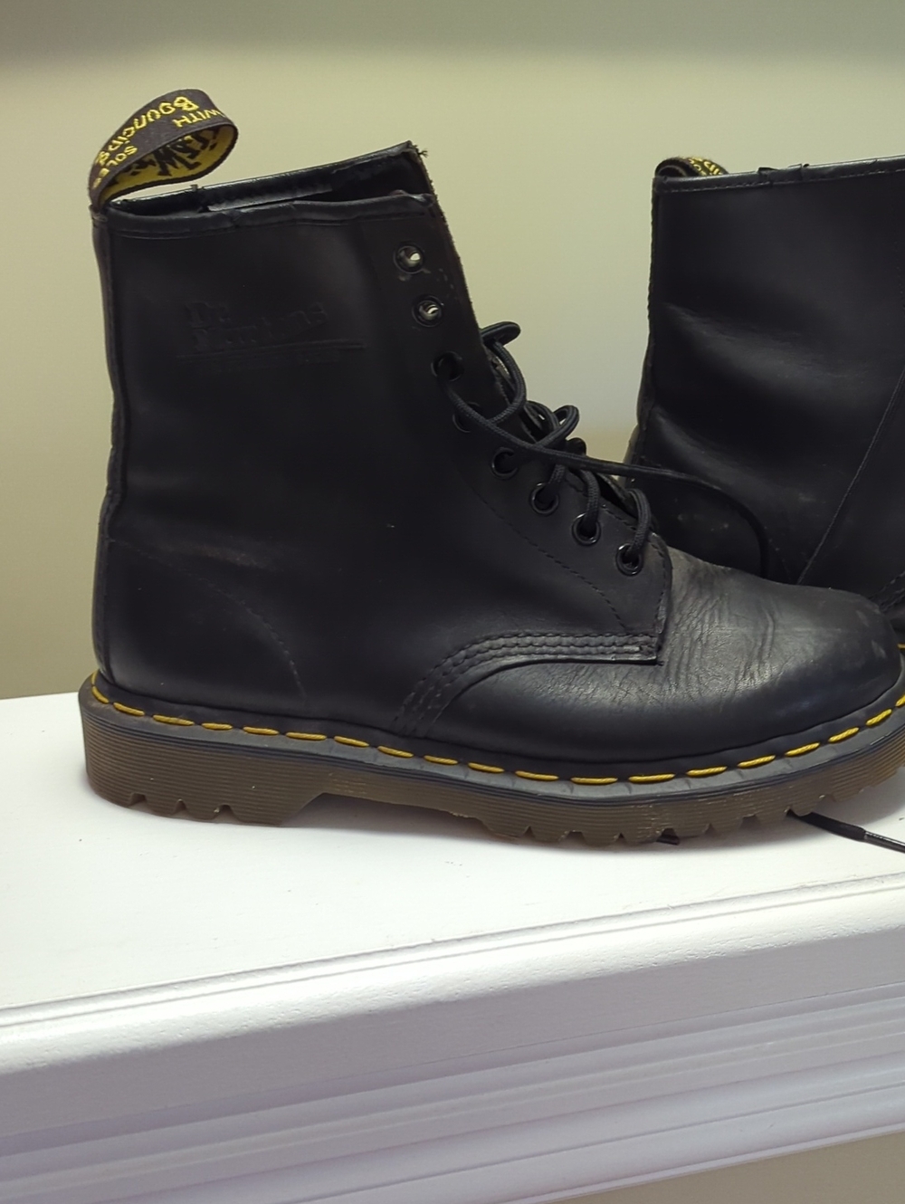Dr. Martens Black Leather Lace-Up Combat Boots with Yellow Welt Stitching